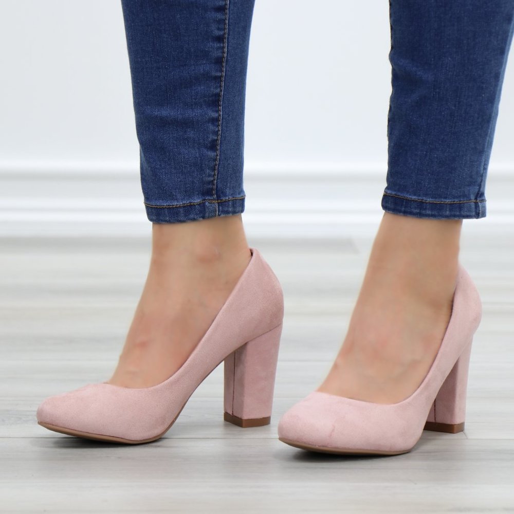 Rose Faux Suede Slip On Block High Heel Pumps - Picture 6 of 10